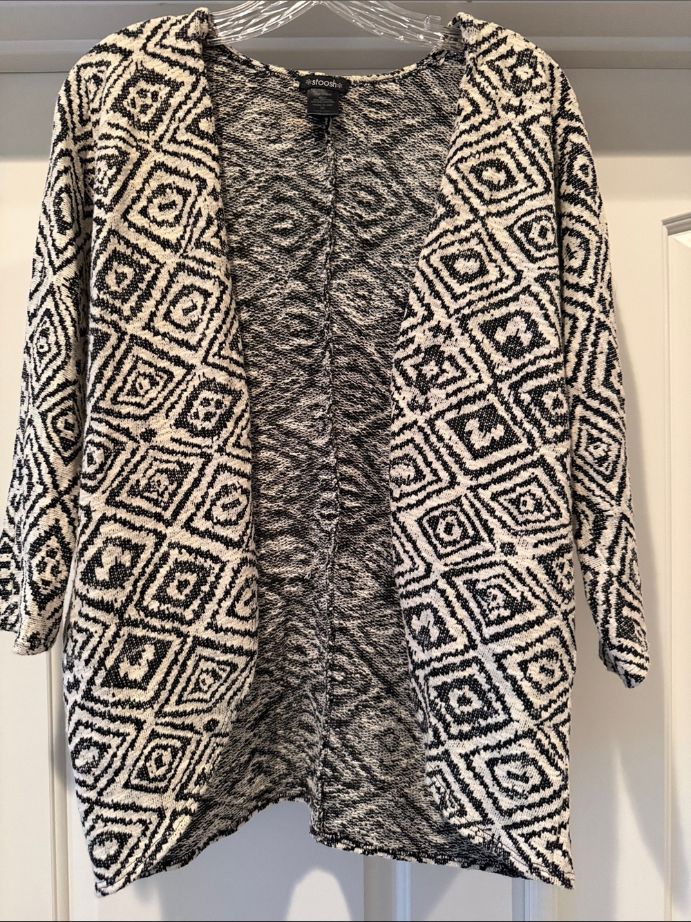 Open-Front Black & White Geometric Cardigan